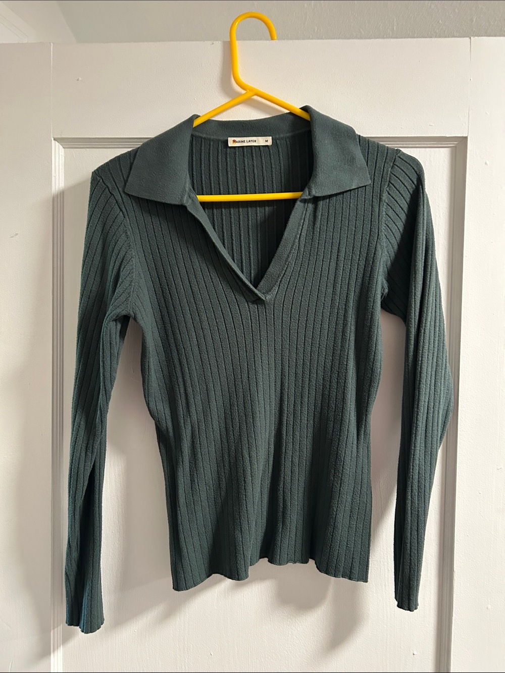 Marine Layer Ribbed Long Sleeve Polo Top — Teal Green